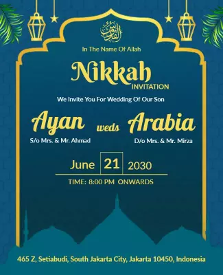 Elegant Blue Islamic Wedding Nikkah Invitation Poster Template