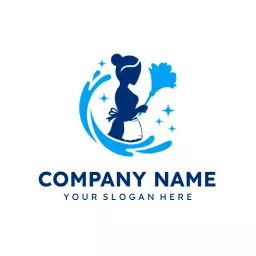 Elegant Blue Maid Silhouette with Sparkling Cleaning Logo Template