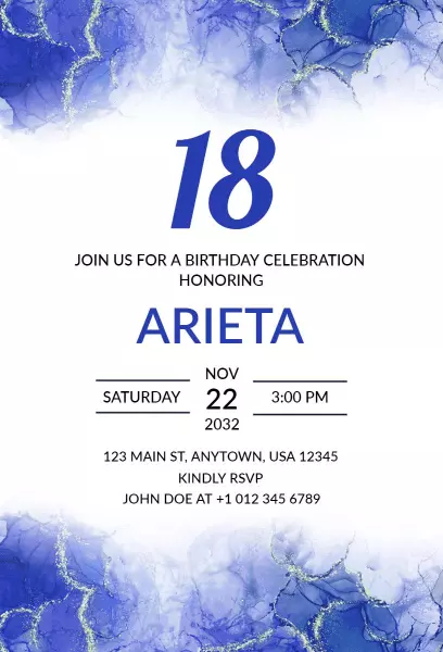 Elegant Blue Marble 18th Birthday Celebration Invitation Template