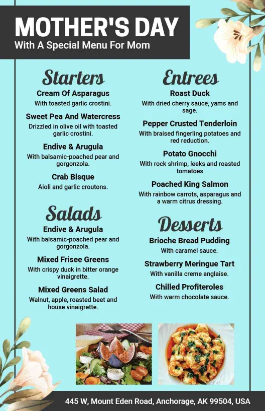 Elegant Blue Mother's Day Dining Menu Template