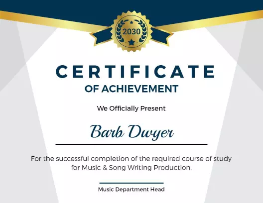 Elegant Blue Music Course Completion Achievement Certificate Template