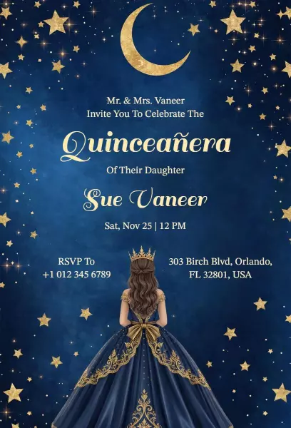 Elegant Blue Night Sky Quinceanera Celebration Invitation Template