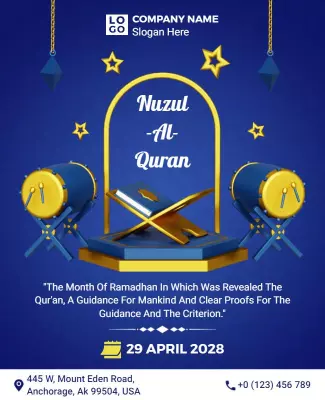 Elegant Blue Nuzul-Al-Quran Ramadan Celebration Poster Template