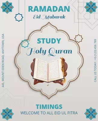 Elegant Blue Ramadan Eid Mubarak Holy Quran Study Flyer Template
