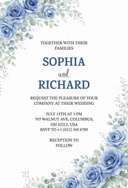 Elegant Blue Rose Floral Wedding Ceremony Invitation Template