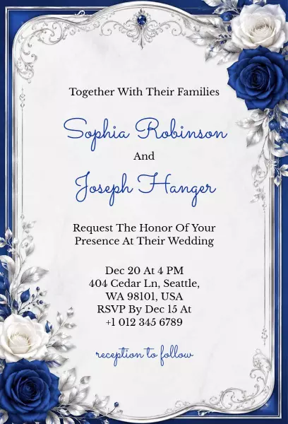 Elegant Blue Rose Wedding Ceremony Invitation Template