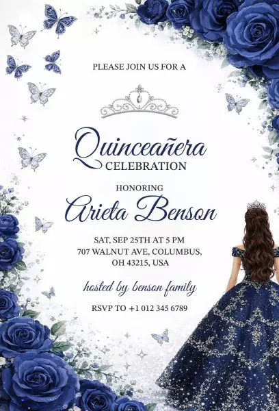 Elegant Blue Roses Floral Quinceanera Celebration Invitation Template