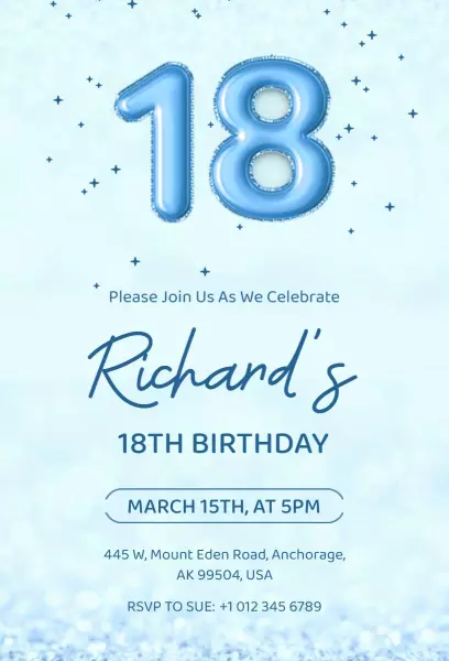 Elegant Blue Sparkle 18th Birthday Celebration Invitation Template