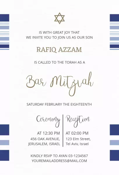 Elegant Blue Star David Bar Mitzvah Celebration Invitation Template