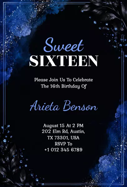 Elegant Blue Sweet 16 Birthday Celebration Invitation Template