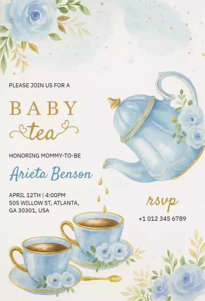 Elegant Blue Tea Party Baby Shower Invitation Template