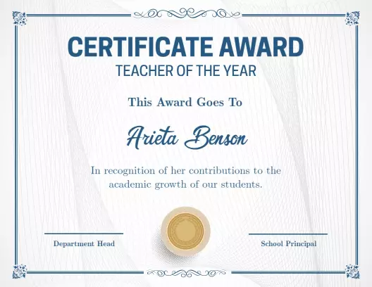 Elegant Blue Teacher of the Year Recognition Award Certificate Template