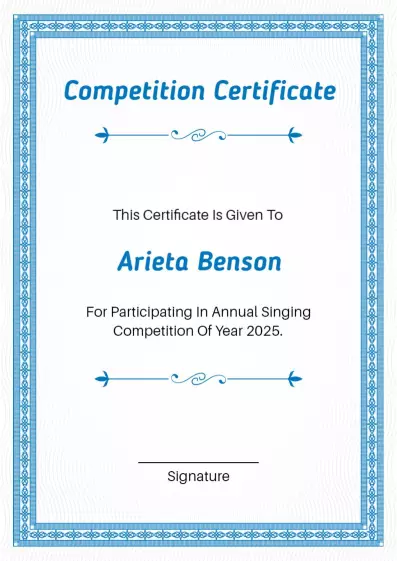 Elegant Blue Themed Annual Singing Competition Certificate Template