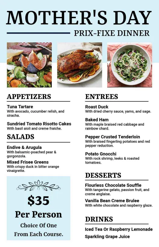 Elegant Blue Themed Prix-Fixe Mother's Day Menu Template