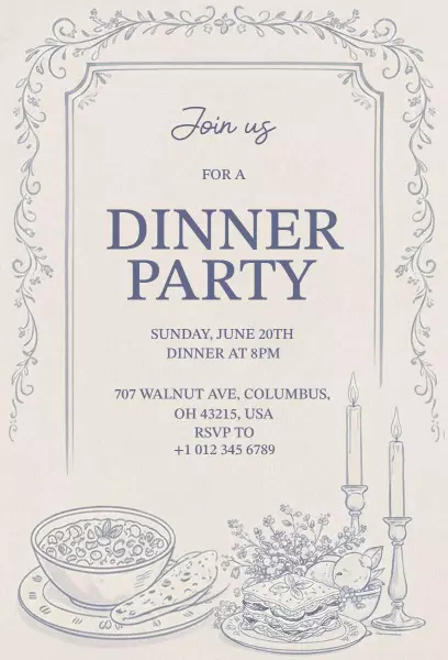 Elegant Blue Vintage Style Dinner Party Invitation Template