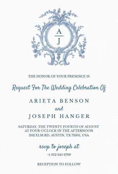Elegant Blue Vintage Wedding Celebration Invitation Template