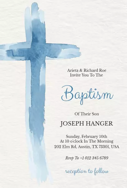 Elegant Blue Watercolor Cross Baptism Invitation Template