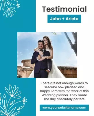 Elegant Blue Wedding Testimonial Featuring Happy Couple Poster Template