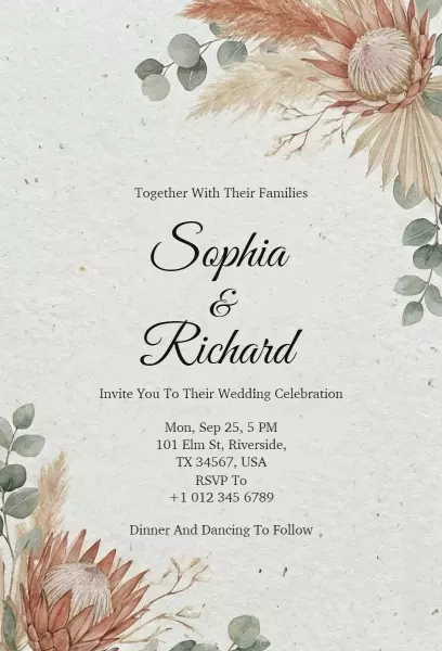 Elegant Boho Floral Wedding Celebration Invitation Template