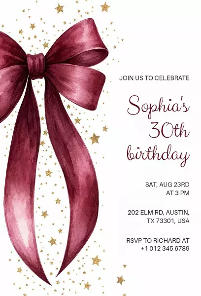 Elegant Bow Themed 30th Birthday Celebration Invitation Template