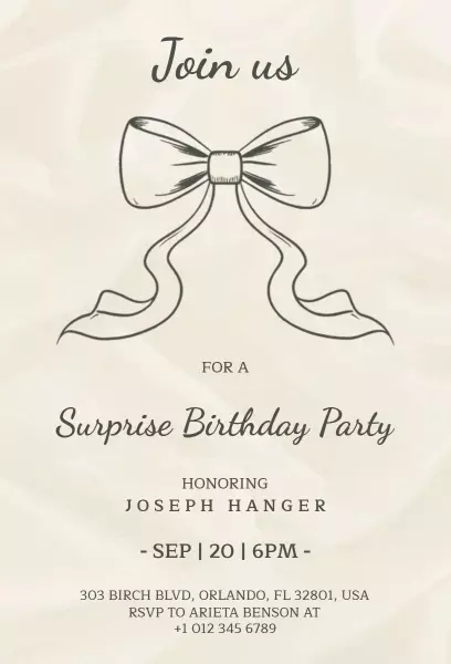 Elegant Bow Themed Surprise Birthday Party Invitation Template