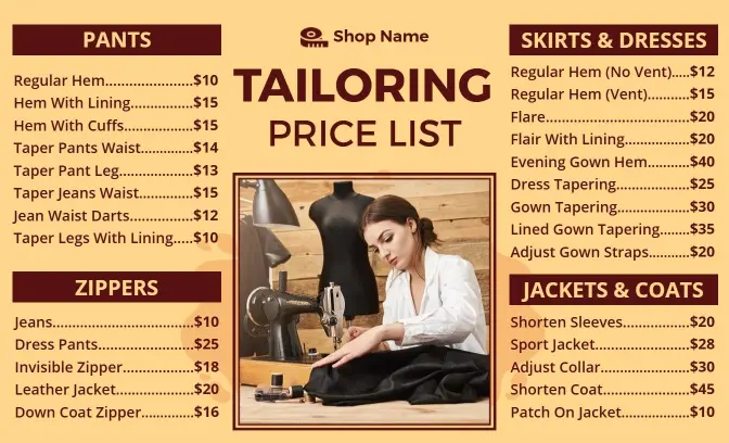 Elegant Brown Tailoring Services Price List Template