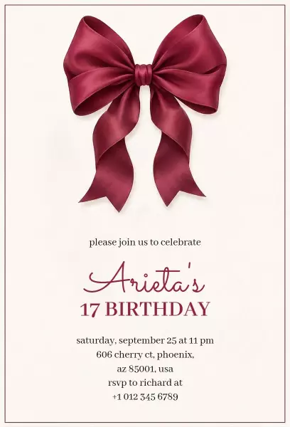 Elegant Burgundy Bow Themed Birthday Celebration Invitation Template
