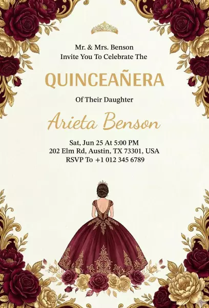 Elegant Burgundy Floral Quinceanera Celebration Invitation Template