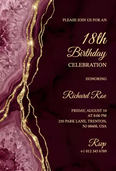 Elegant Burgundy Marble 18th Birthday Celebration Invitation Template
