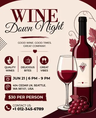 Elegant Burgundy Wine Down Night Event Flyer Template