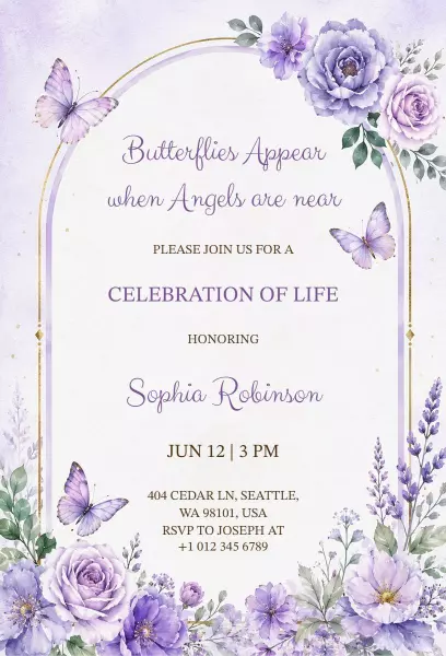 Elegant Butterfly Floral Celebration Of Life Invitation Template