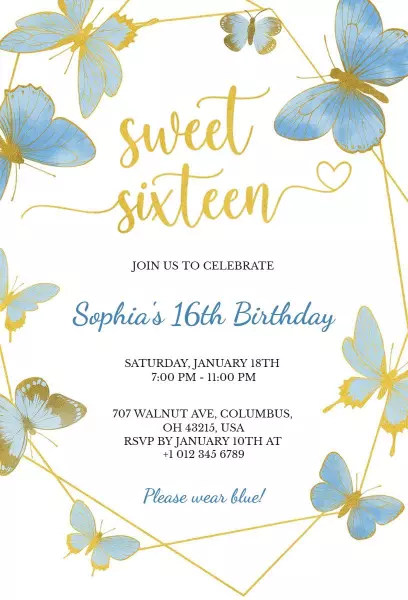Elegant Butterfly Sweet Sixteen Birthday Celebration Invitation Template