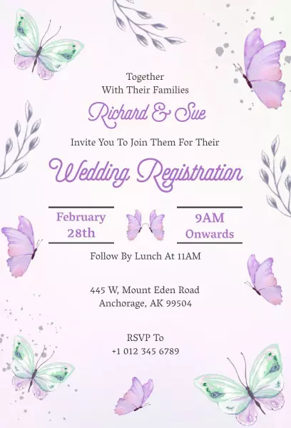 Elegant Butterfly Wedding Registration Invitation Template