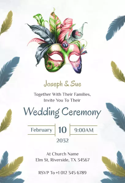 Elegant Carnival Mask Themed Wedding Ceremony Invitation Template