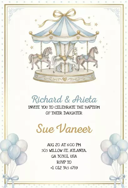 Elegant Carousel Theme Baptism Celebration Invitation Template