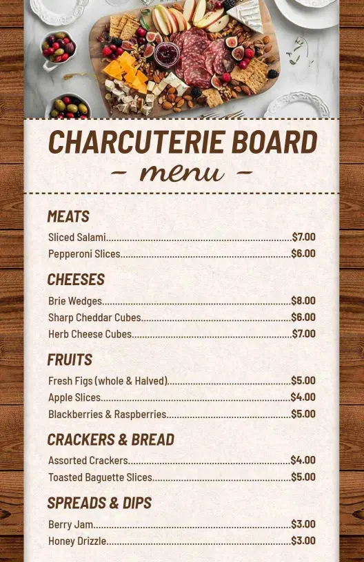 Elegant Cheese and Meats Charcuterie Selection Menu Template