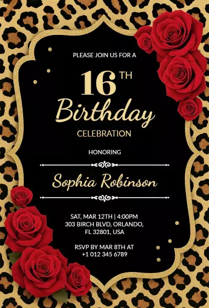 Elegant Cheetah Print Floral 16th Birthday Celebration Invitation Template