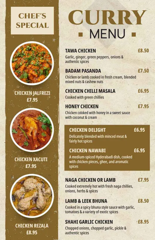 Elegant Chef’s Special Curry Selections Menu Template