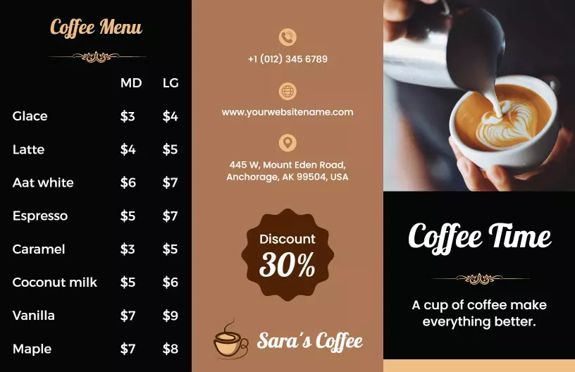 Elegant Coffee Shop Menu with Discounts and Cozy Vibe Brochure Template
