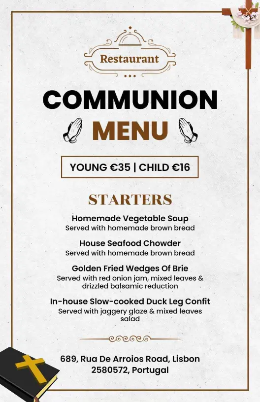 Elegant Communion Starters and Hearty Mains Event Menu Template
