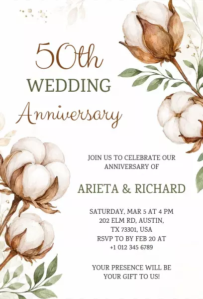 Elegant Cotton Floral 50th Wedding Anniversary Invitation Template