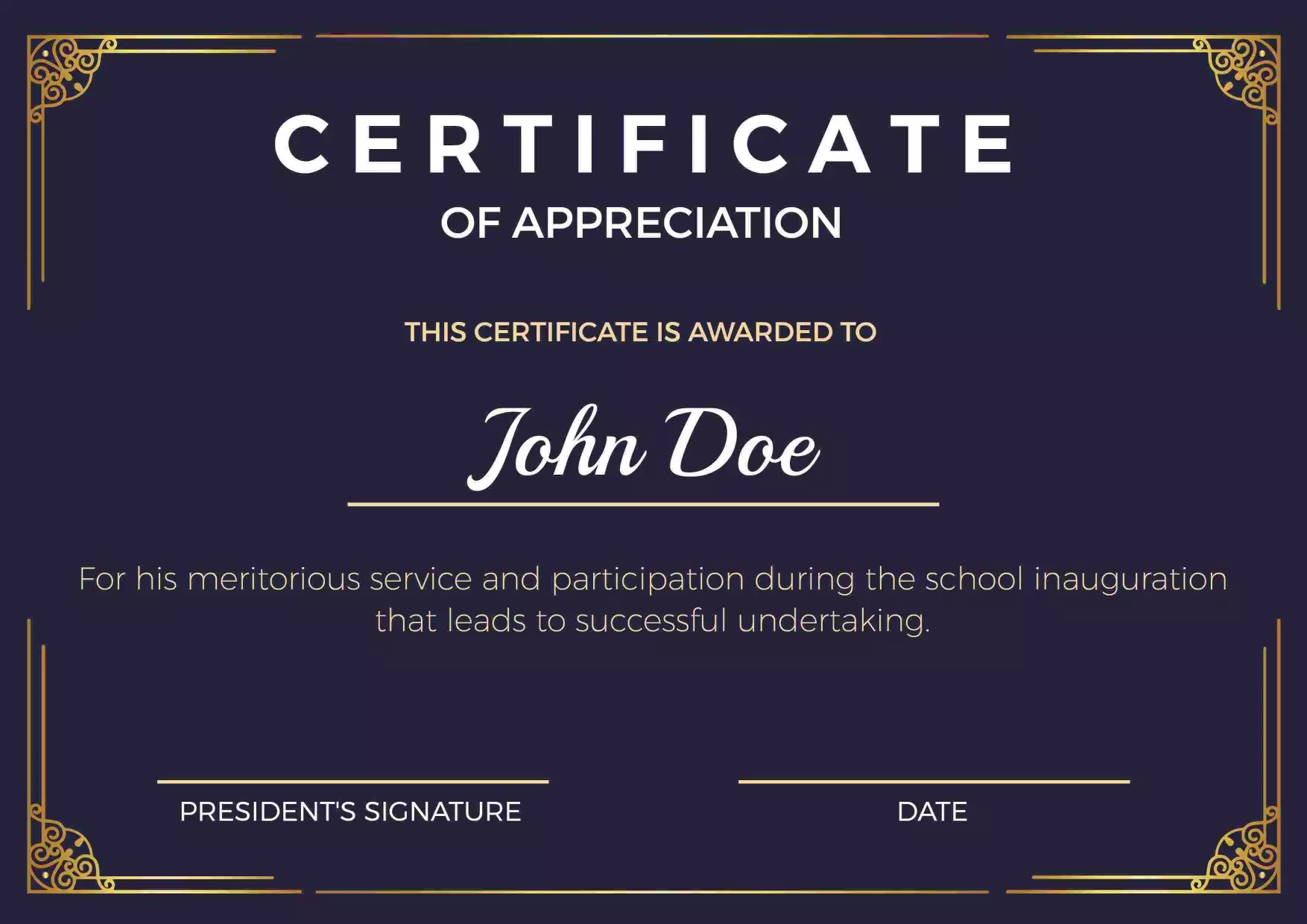 Elegant Dark Blue Gold Accents Appreciation Certificate Template