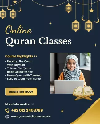 Elegant Dark Blue Online Quran Classes for Learning Poster Template