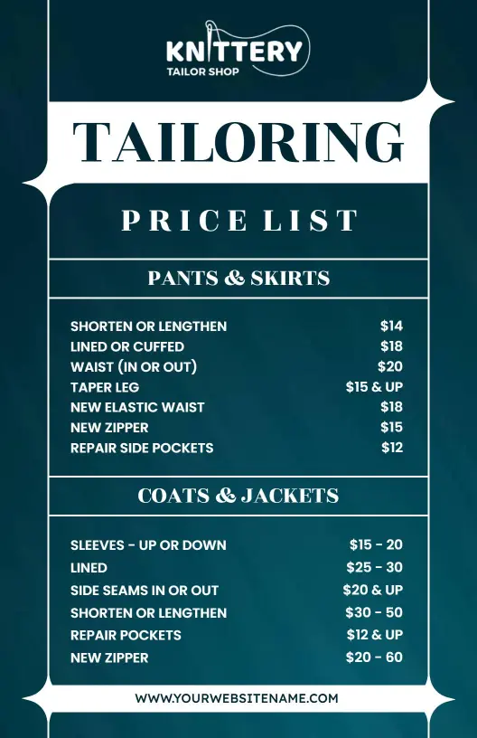 Elegant Dark Blue Tailoring Service Price List Template