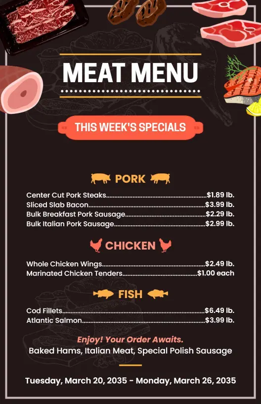 Elegant Dark Brown Gourmet Meat Selection Menu Template