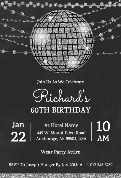 Elegant Disco Ball 60th Birthday Celebration Invitation Template