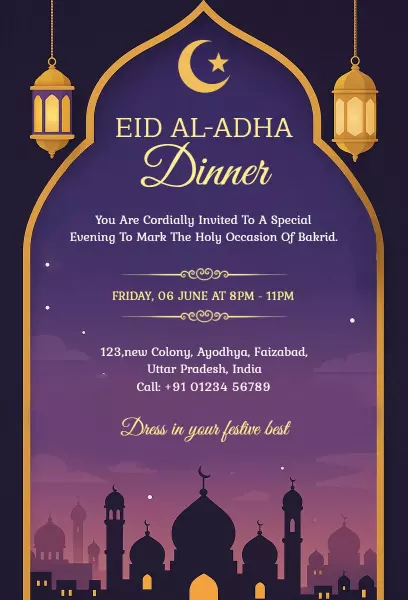 Elegant Eid Al-Adha Bakrid Celebration Dinner Invitation Template
