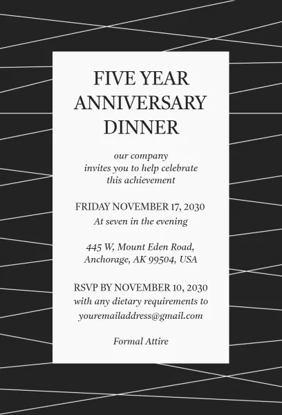 Elegant Five Year Anniversary Dinner Celebration Invitation Template