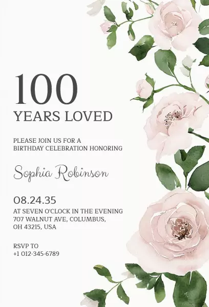 Elegant Floral 100th Birthday Celebration Invitation Template