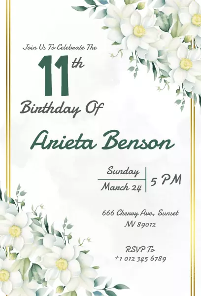 Elegant Floral 11th Birthday Celebration Invitation Template
